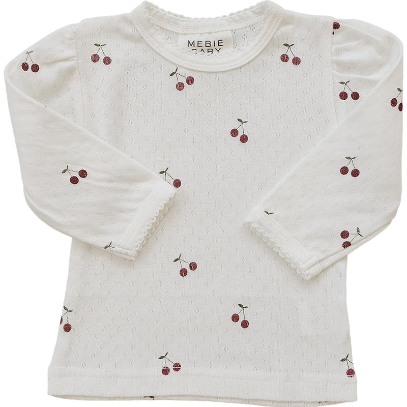 Mebie Baby Cherry Pointelle Long Sleeve Tee styled for cozy wear, a soft favorite in baby clothes