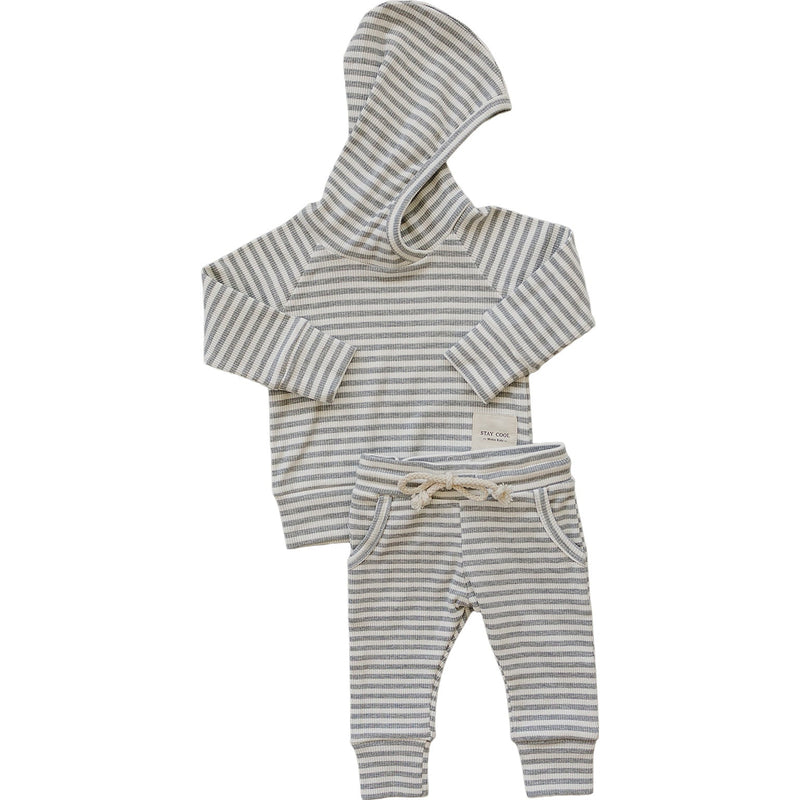 Mebie Baby Grey Striped Hooded Set styled for cozy layering, a soft favorite in baby clothes