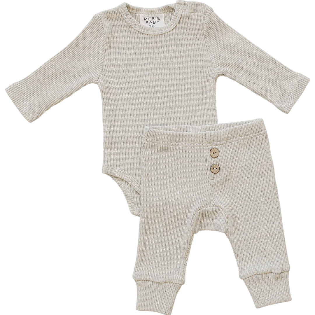 Soft and cozy, the Mebie Baby Heather Grey Bodysuit Waffle Set is perfect for baby pajamas