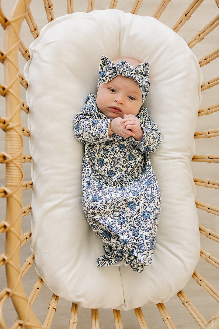 With delicate pointelle fabric, the Mebie Baby Bluebell Bamboo Knot Gown works beautifully as bamboo baby pajamas for newborns