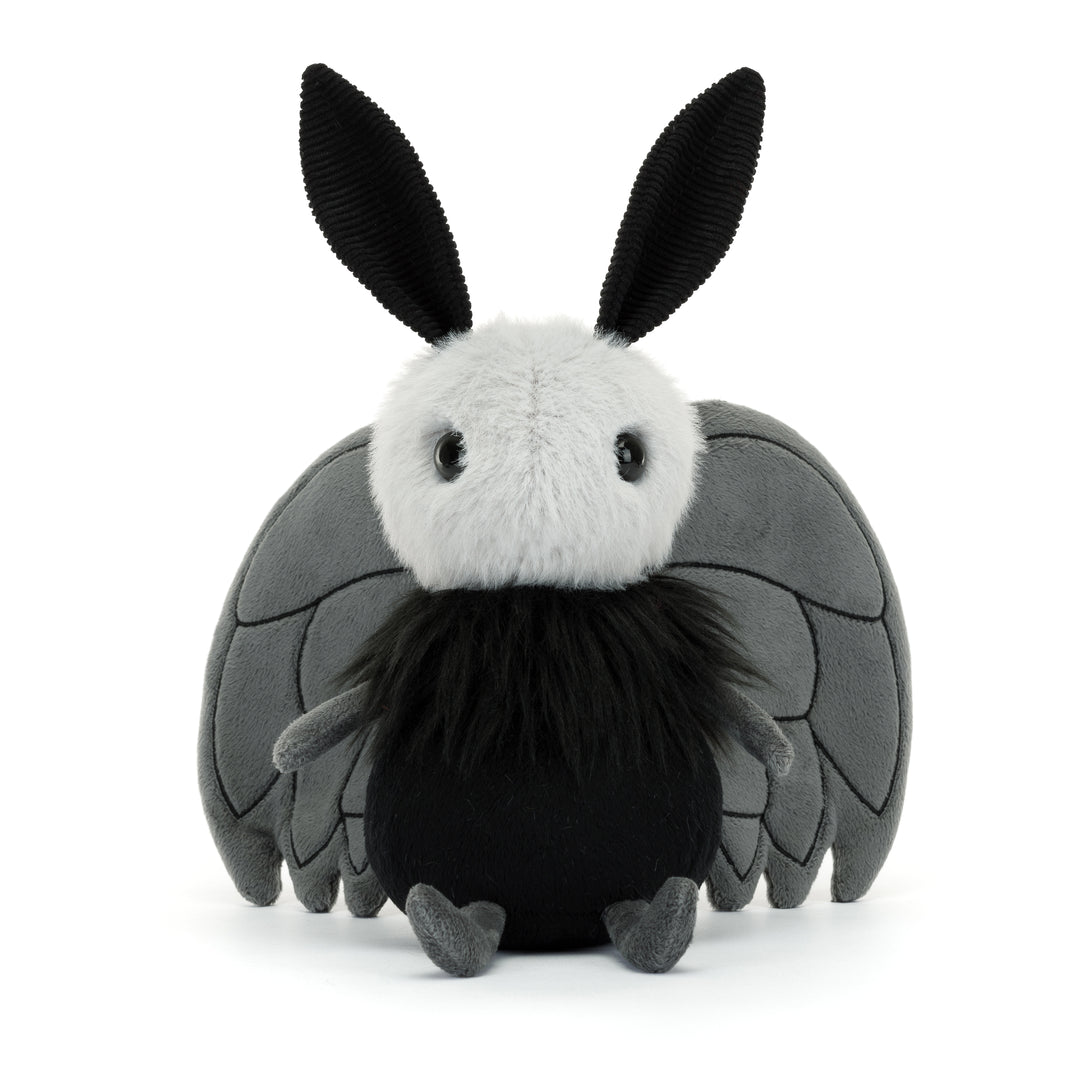 Quirky Jellycat Miff Mothman stuffed animals with wings and bright red eyes.