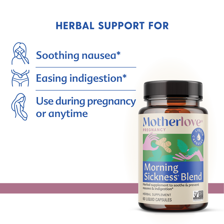 Educational image featuring Motherlove Morning Sickness Blend, part of a holistic line of postpartum supplements for mothers.
