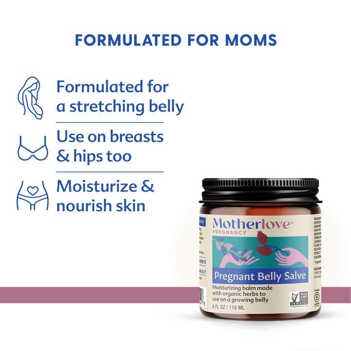 Informational image of Motherlove Pregnant Belly Salve, a natural pregnancy stretch mark cream for growing bellies.