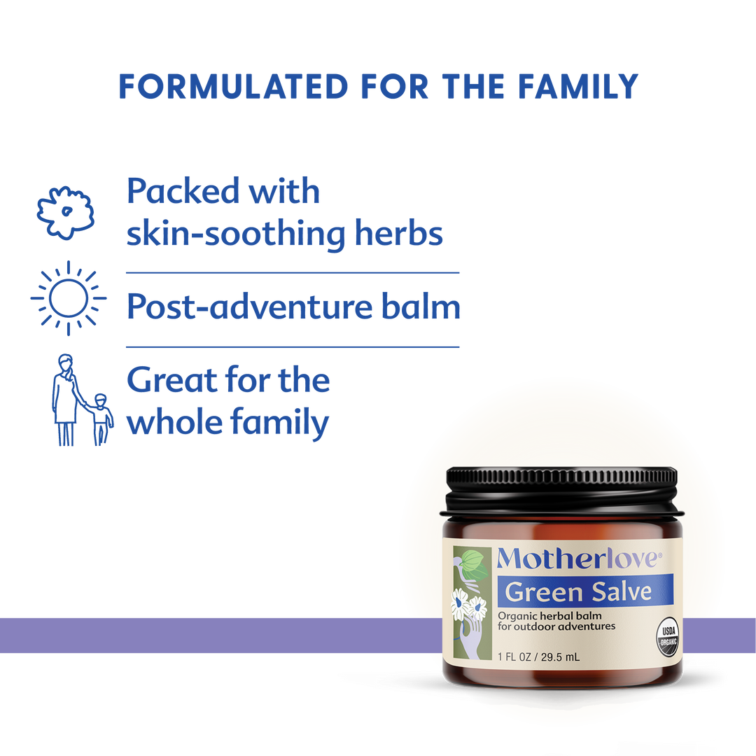 Illustrated guide showing Motherlove Green Salve, a pure and organic balm ideal for all-over skin comfort.