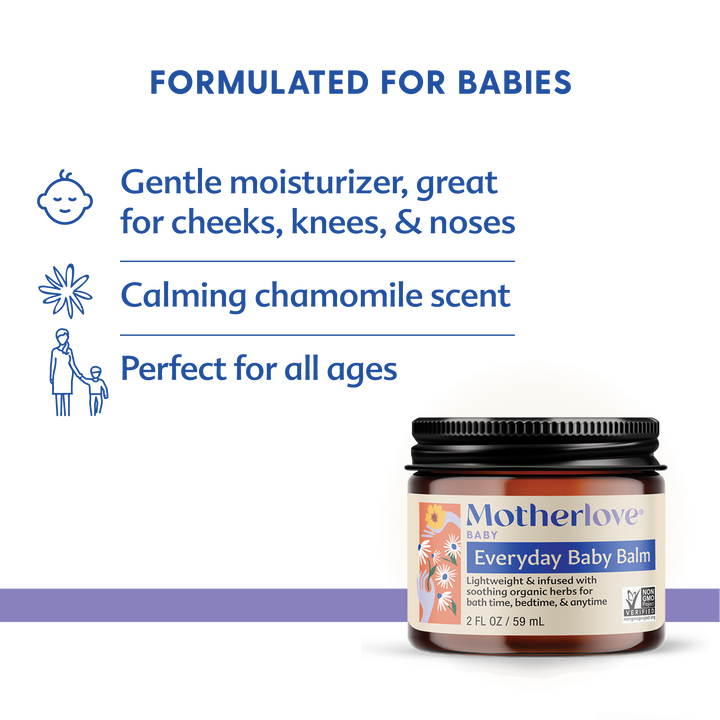 Educational image featuring Motherlove Everyday Baby Balm, made for parents seeking safe and natural baby balm options.