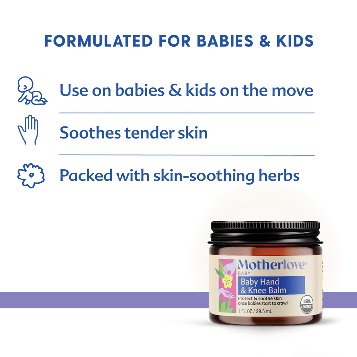 Close-up of Motherlove Baby Hand & Knee Balm, baby essentials for soft and healthy skin
