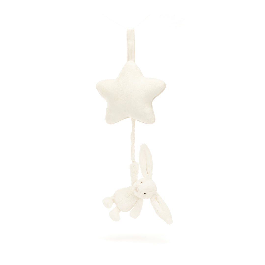 Jellycat Bashful Cream Bunny Musical Pull lifestyle — plush bunny nursery pull toy from recycled fibers, gender-neutral newborn gift, unique baby gift for boy or girl under $50