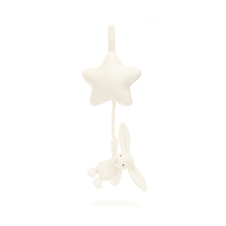Jellycat Bashful Cream Bunny Musical Pull lifestyle — plush bunny nursery pull toy from recycled fibers, gender-neutral newborn gift, unique baby gift for boy or girl under $50
