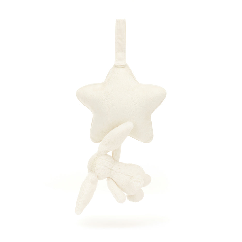 Jellycat Bashful Cream Bunny Musical Pull close-up — embroidered bunny face on cream star pull toy, original Jellycat lullaby sound chip, recycled polyester fill, baby shower gift idea