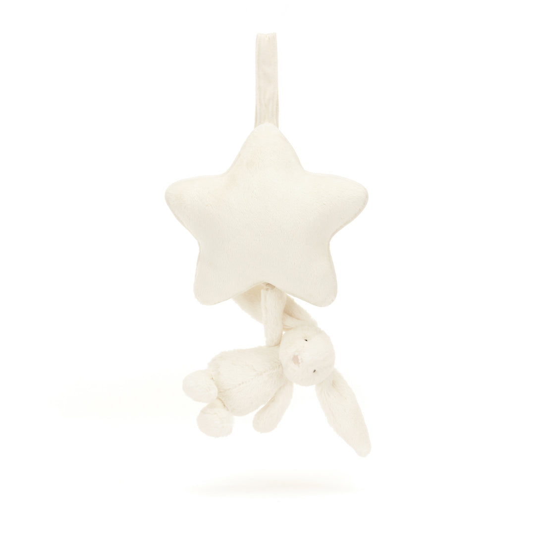 Jellycat Bashful Cream Bunny Musical Pull MP4BC — soft cream plush bunny on star-shaped nursery pull toy, plays soothing lullaby, Velcro pram clip, best newborn gift 2026