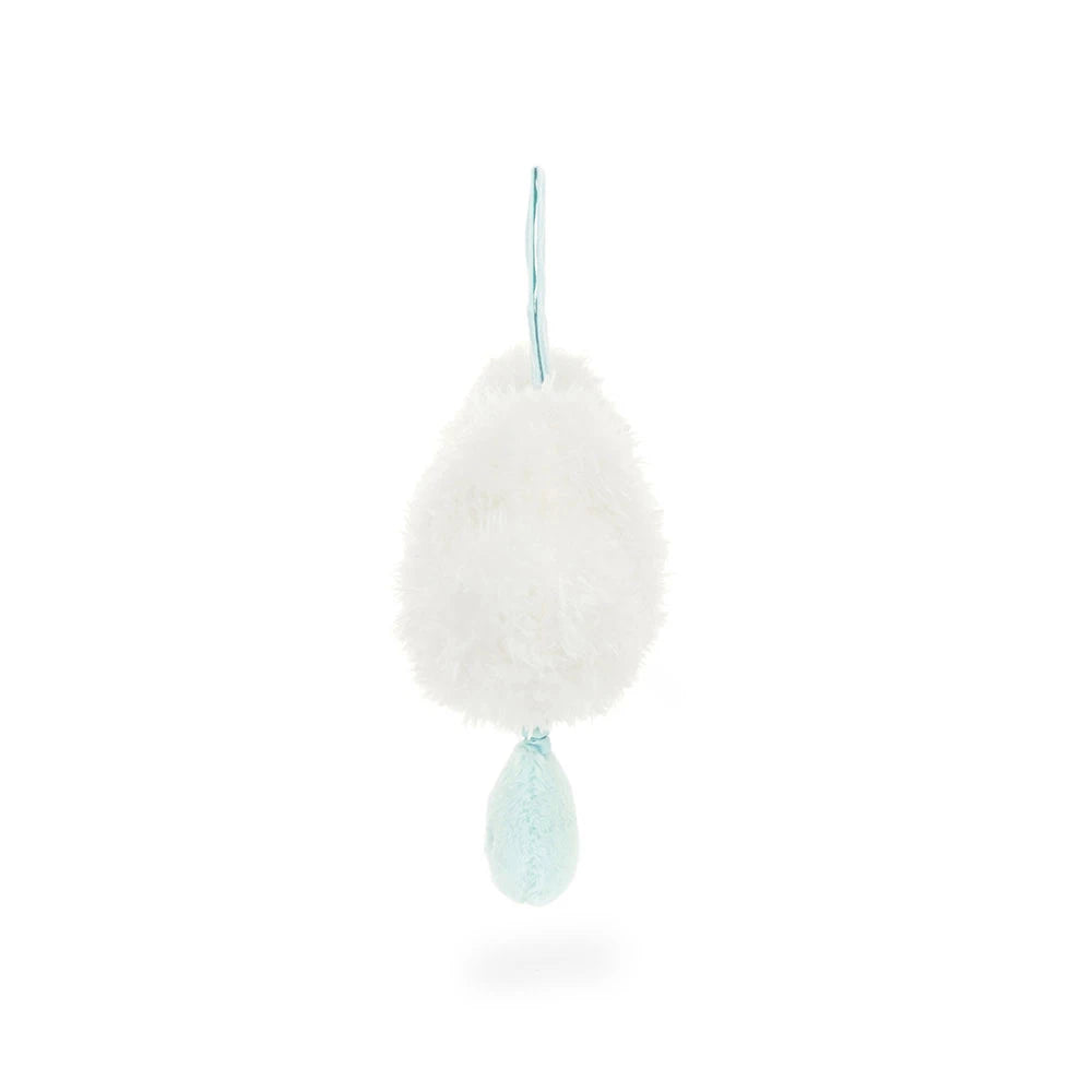 Jellycat Amuseables Cloud Musical Pull side view — white cloud nursery pull toy with hook-and-loop fastener, soothes babies with original Jellycat lullaby, suitable from birth