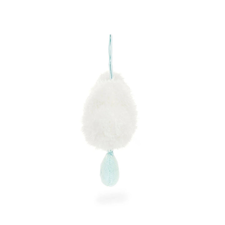 Jellycat Amuseables Cloud Musical Pull side view — white cloud nursery pull toy with hook-and-loop fastener, soothes babies with original Jellycat lullaby, suitable from birth