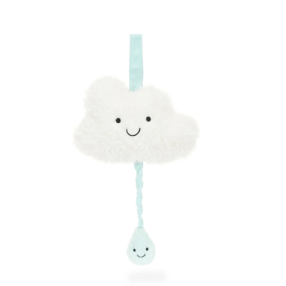 Jellycat Cloud Musical Pull MP4CL close-up — soft white Amuseables cloud plush with embroidered face, lullaby sound chip, recycled fiber fill, newborn shower gift under $50