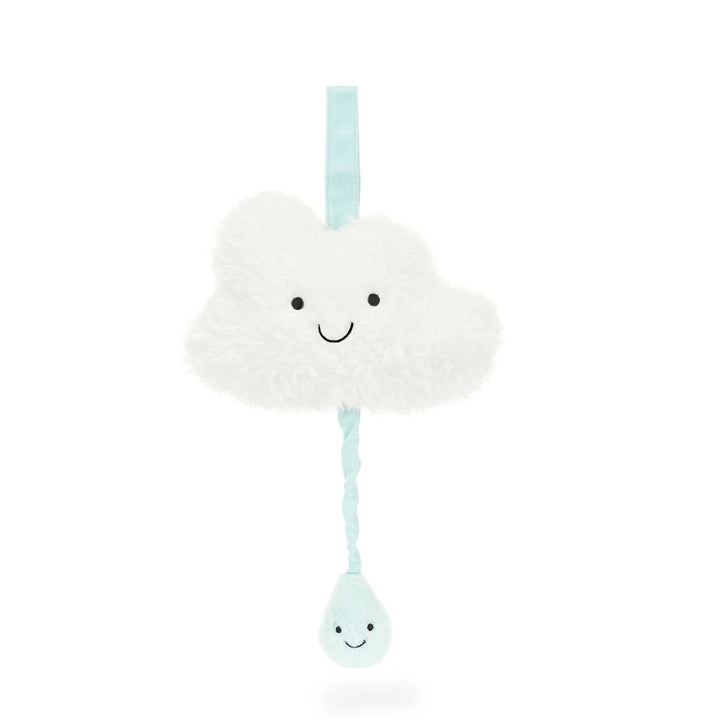 Jellycat Cloud Musical Pull MP4CL close-up — soft white Amuseables cloud plush with embroidered face, lullaby sound chip, recycled fiber fill, newborn shower gift under $50