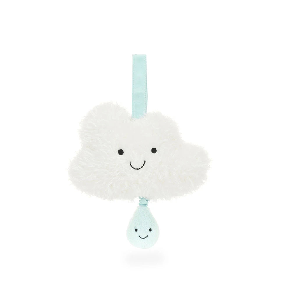 Jellycat Amuseables Cloud Musical Pull MP4CL — fluffy white cloud plush with blue raindrop pull, plays original lullaby, Velcro pram attachment, best newborn baby gift 2026
