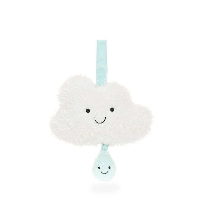 Jellycat Amuseables Cloud Musical Pull MP4CL — fluffy white cloud plush with blue raindrop pull, plays original lullaby, Velcro pram attachment, best newborn baby gift 2026