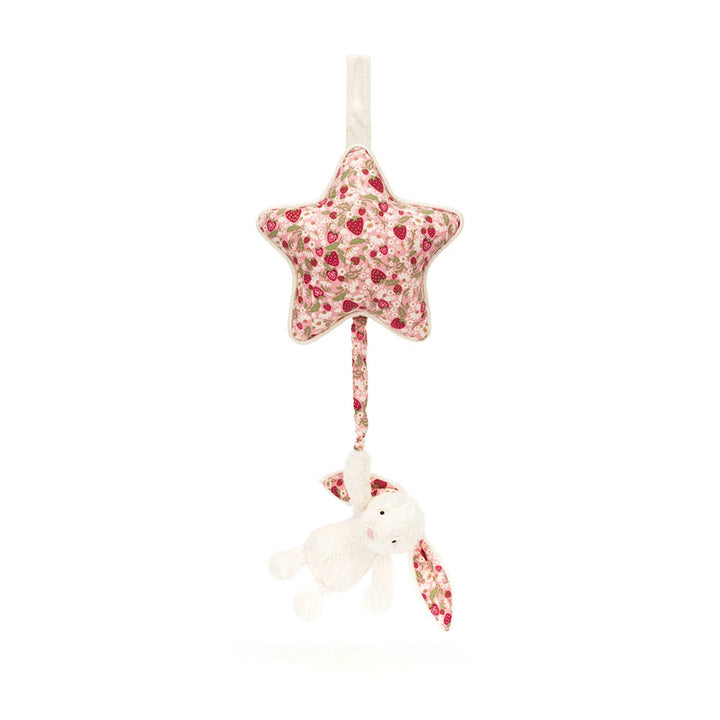 Blossom Cream Bunny Berry Musical Pull by Jellycat, Velcro fastening for crib attachment