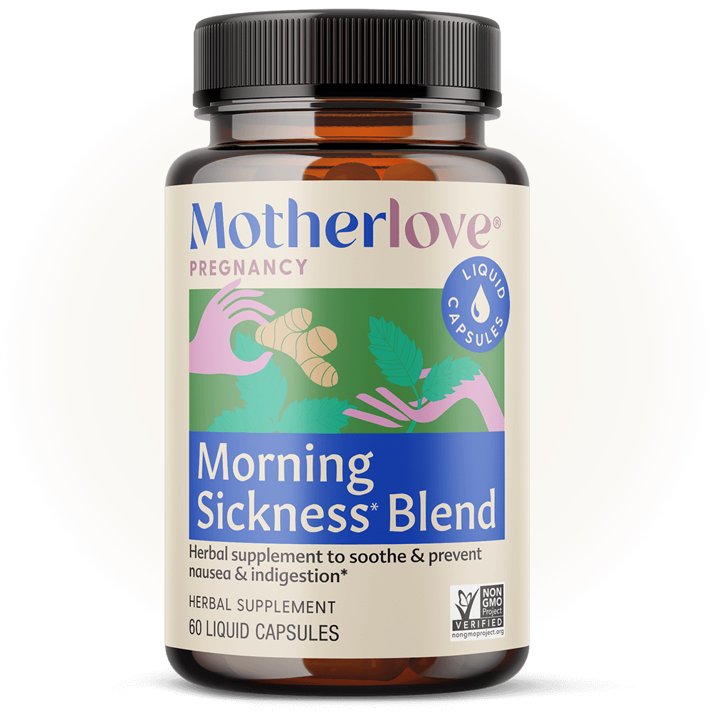 Soft glow highlighting Motherlove Morning Sickness Blend - Liquid Capsules, made for soothing pregnancy nausea and best prenatal supplements.