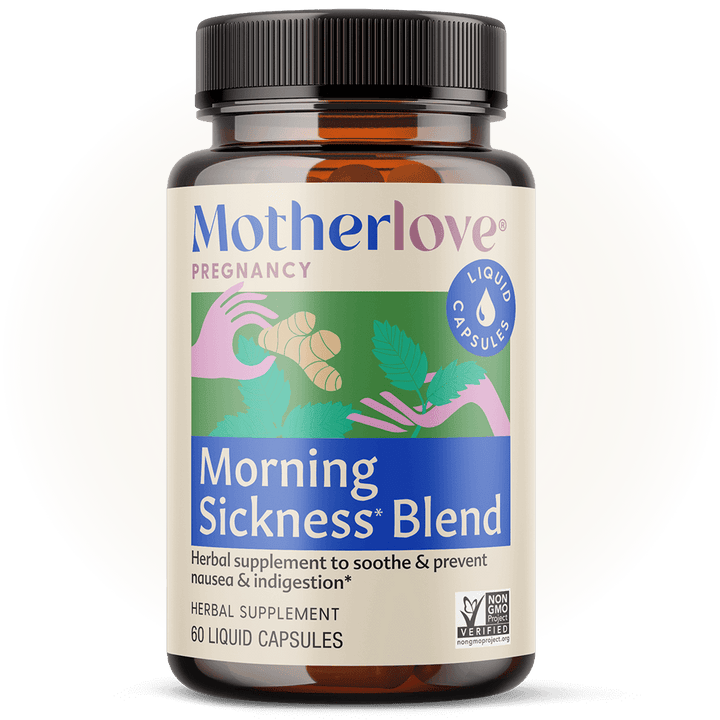 Soft glow highlighting Motherlove Morning Sickness Blend - Liquid Capsules, made for soothing pregnancy nausea and best prenatal supplements.