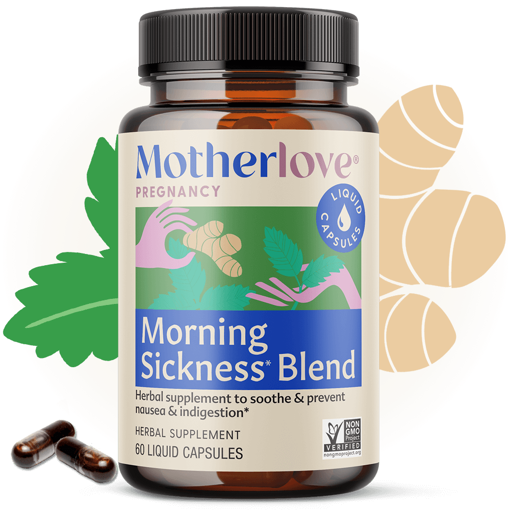 Motherlove Morning Sickness Blend - Liquid Capsules shown in bottle, a gentle herbal option among top prenatal supplements.
