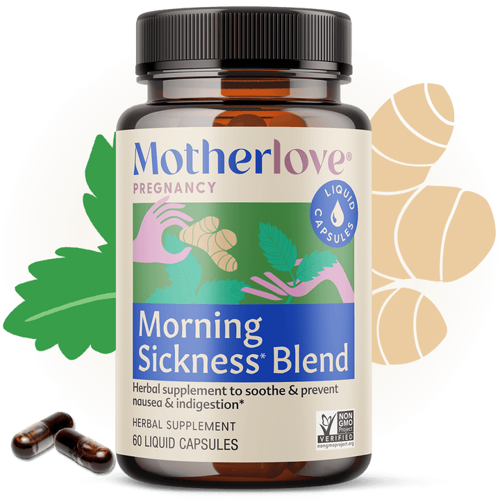 Motherlove Morning Sickness Blend - Liquid Capsules shown in bottle, a gentle herbal option among top prenatal supplements.