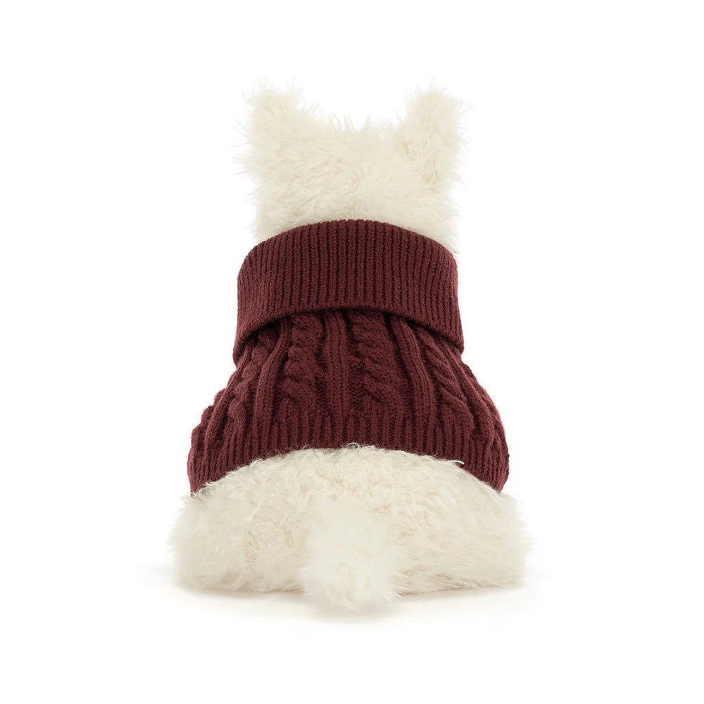 Jellycat Munro Scottie Dog Winter Jumper Outfit rear view plush Scottie dog in winter knitwear