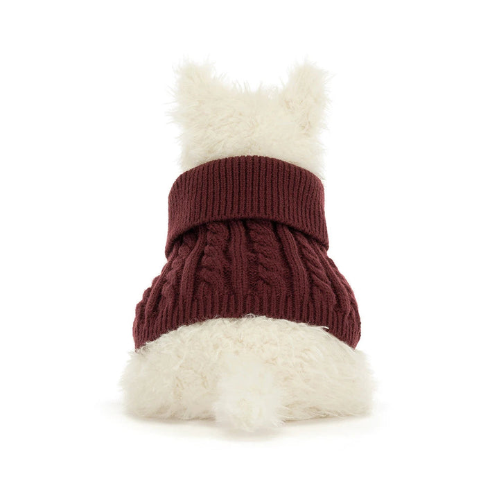Jellycat Munro Scottie Dog Winter Jumper Outfit rear view plush Scottie dog in winter knitwear