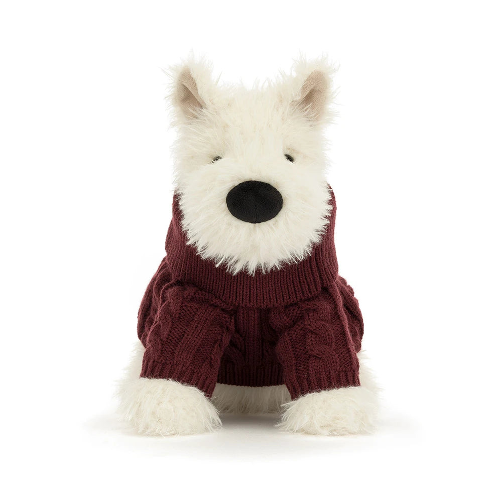 Jellycat Munro Scottie Dog Winter Jumper Outfit close-up face detail hard eye dressed up Scottie dog plush