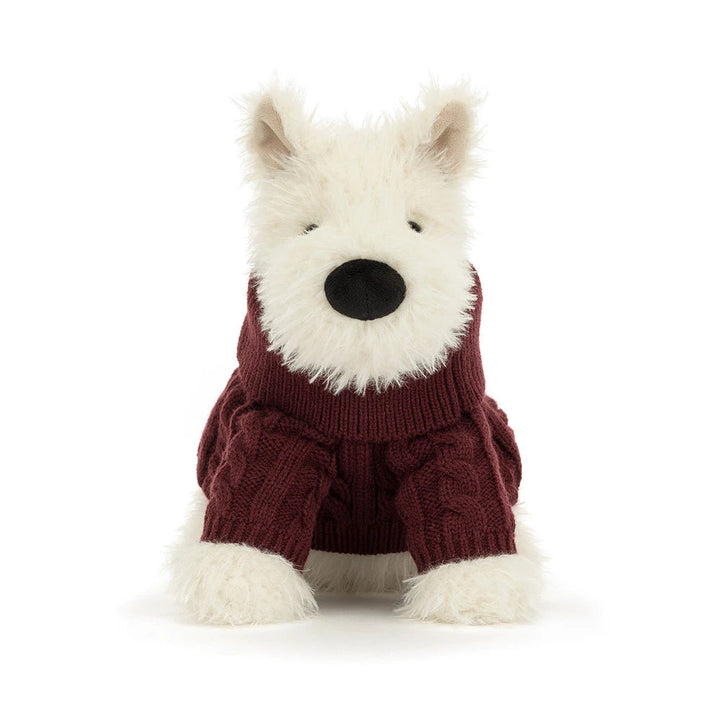 Jellycat Munro Scottie Dog Winter Jumper Outfit close-up face detail hard eye dressed up Scottie dog plush