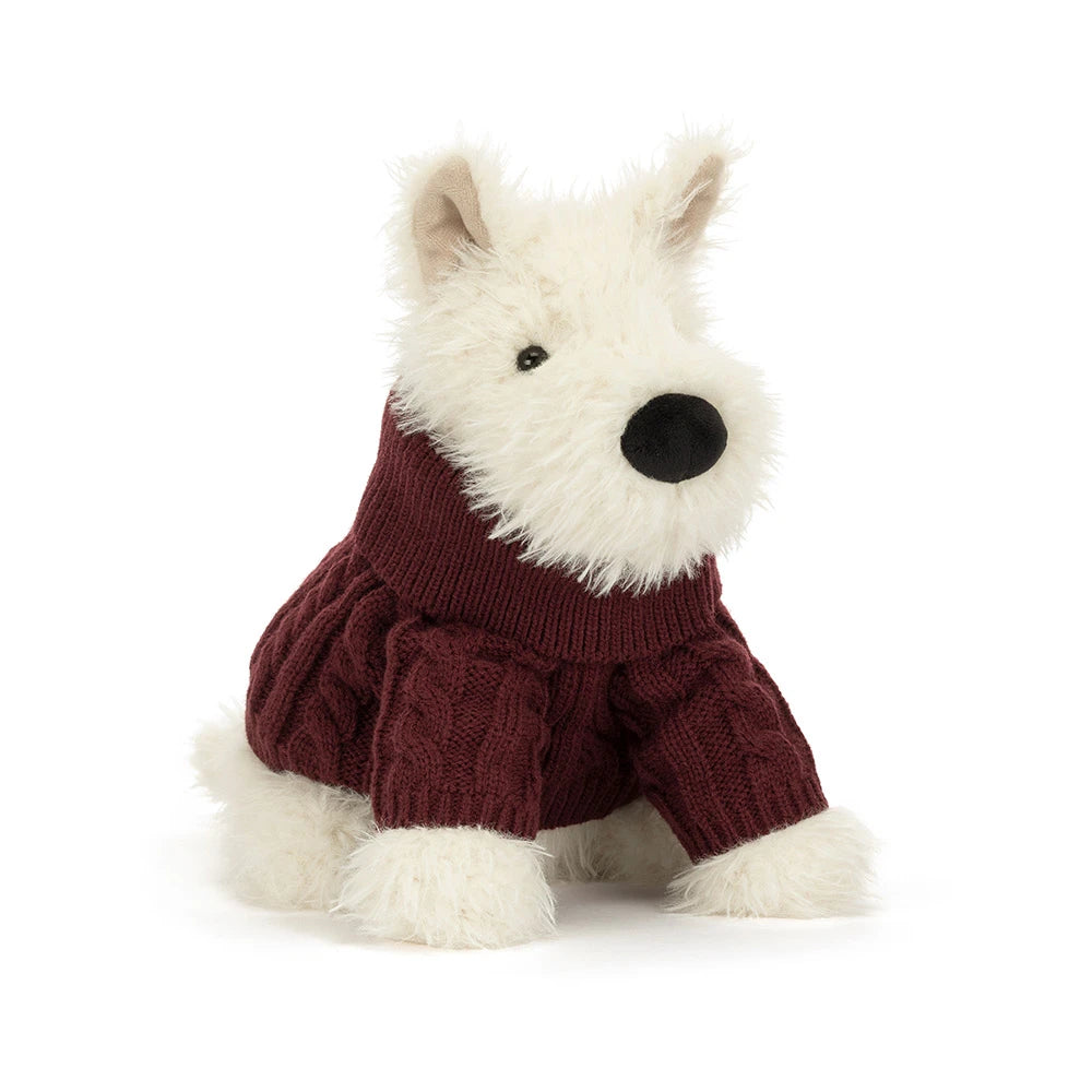 Jellycat Munro Scottie Dog Winter Jumper Outfit black and white Scottie dog plush in cozy knit sweater