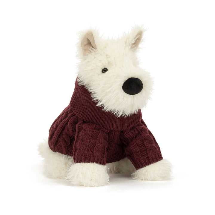 Jellycat Munro Scottie Dog Winter Jumper Outfit black and white Scottie dog plush in cozy knit sweater