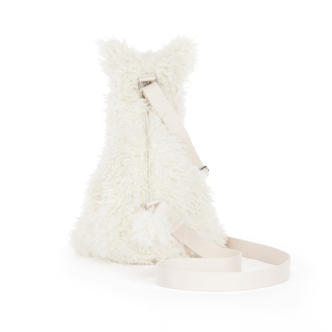 Jellycat Munro Scottie Dog Shoulder Bag side detail – adjustable strap and zipper detail on plush Scottie dog bag