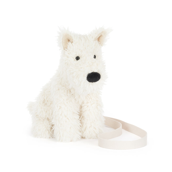 Jellycat Munro Scottie Dog Shoulder Bag back view – black plush Scottie dog bag showing clasp and strap detail