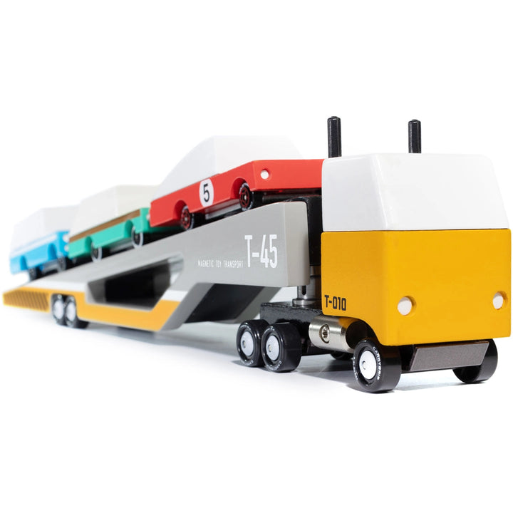 Wooden toy car transporter by Candylab perfect for imaginative play and classic fun
