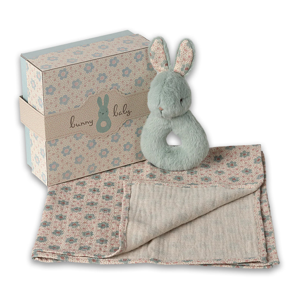 Maileg Rattle set, mint rabbit rattle with cotton cloth