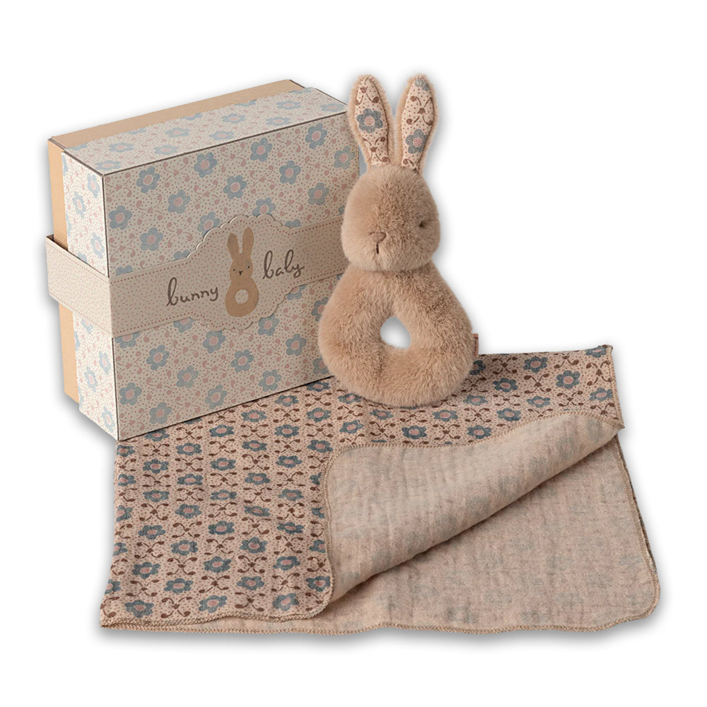 maileg cream peach rattle set with rabbit rattle and cotton cloth