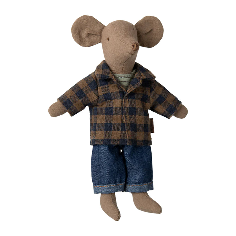 Maileg Dad Mouse Outfits, brown checkered shirt and jeans doll accessories