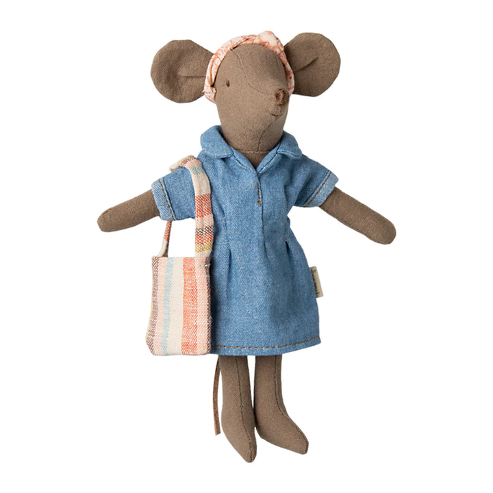 Maileg Mum Mouse denim dress with stripped bag