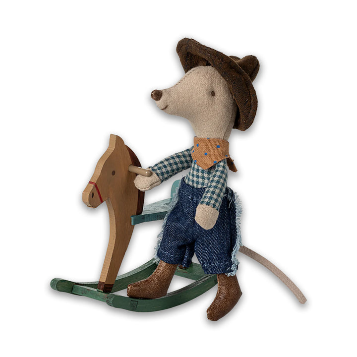 Maileg Mice, Cowboy little brother mouse with rocking horse