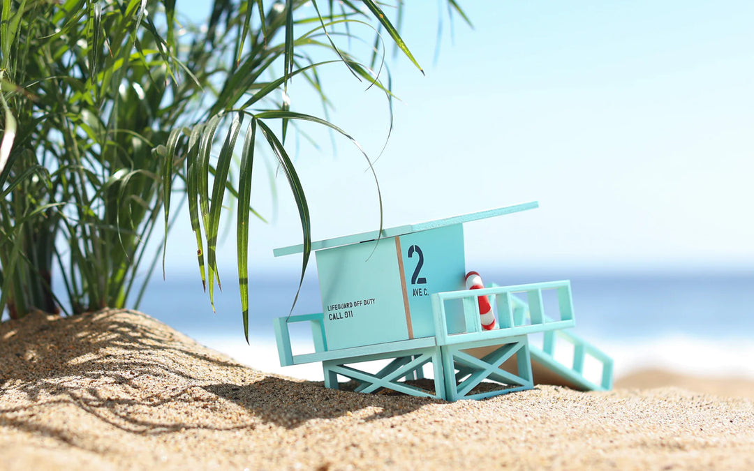 Candylab Malibu Beach Tower for Wooden Cars in Teal, set on sand for a realistic coastal play scene