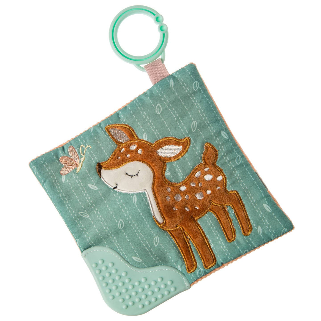 Crinkle teether toy for infants and babies with amber orange baby deer on blue green background sniffing pink and yellow butterfly with closed eyes