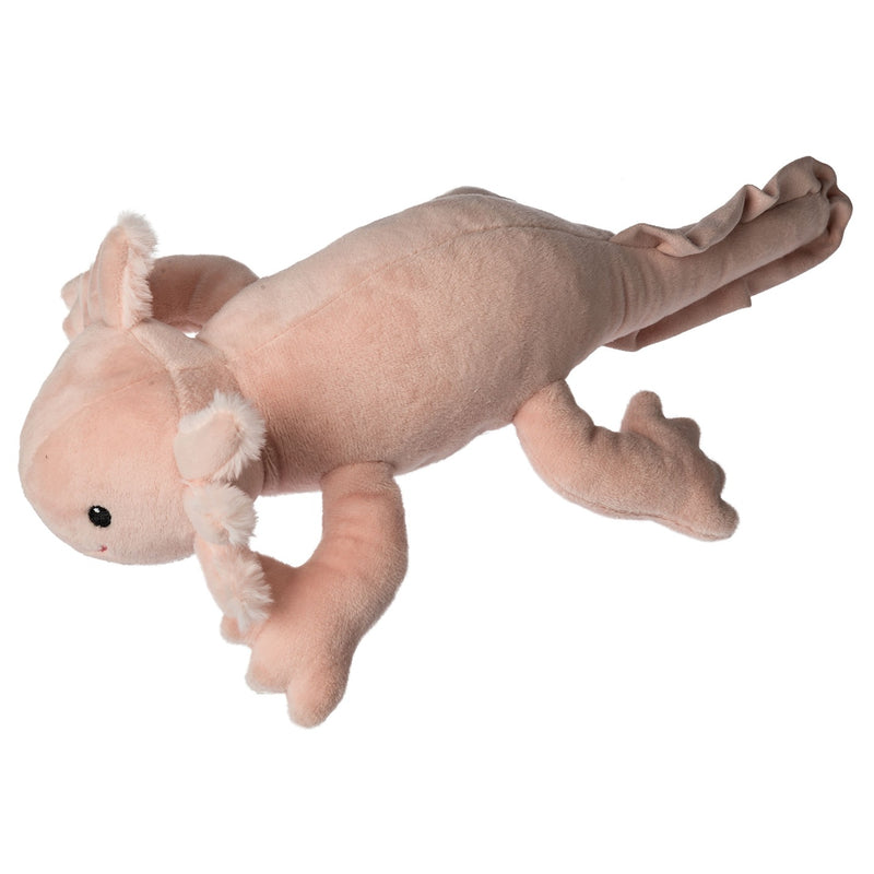 Mary Meyer pink axolotl lizard plushie stuffed animal toy laying on belly as though floating in a surreen pond  