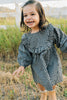 Young girl wearing the Mebie Baby linen ruffle dress.