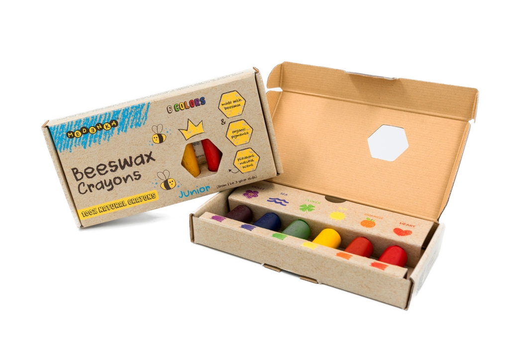 Bright Mendenka Junior Crayons, sustainable beeswax crayons designed to inspire creativity in little artists.