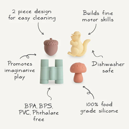 Mushie Nature bath set infographic - mold-free split-open design, BPA-free food-grade silicone, 10 months plus