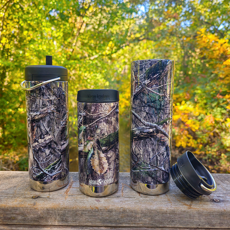Lineup of Klean Kanteen 12oz TKWide Mossy Oak Collection, featuring leak proof twist cap and metal construction.
