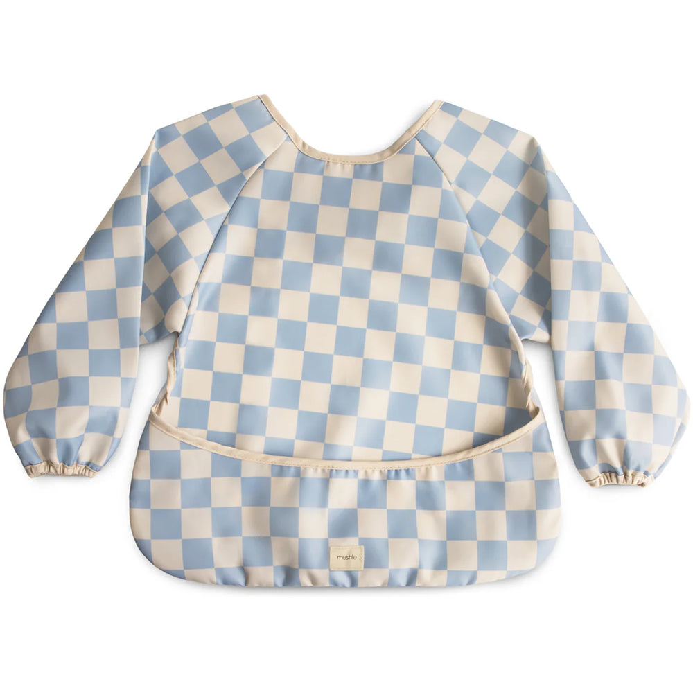 Mushie Long Sleeve Bib in Checkered Blue a cute and functional bib to keep your baby clean during meals