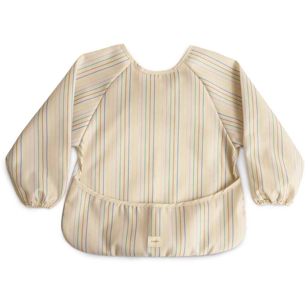 Mushie Long Sleeve Bib in Retro Stripes offering a stylish and practical solution for mealtime messes