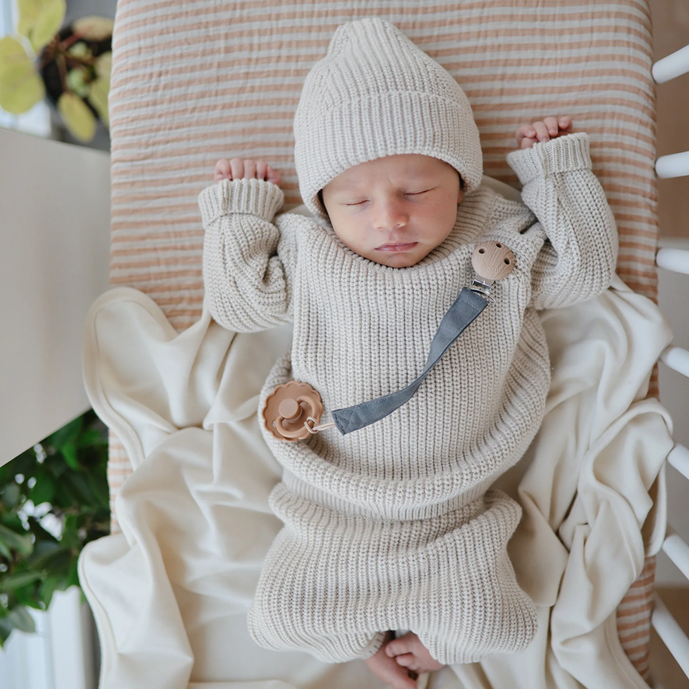 Baby with Blue Mushi Linen Pacifier Clip