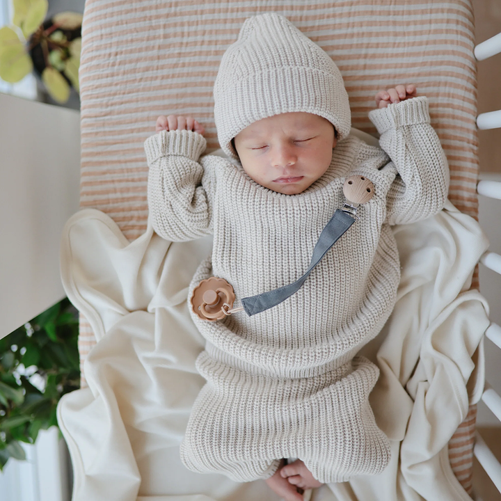 Baby with Blue Mushi Linen Pacifier Clip